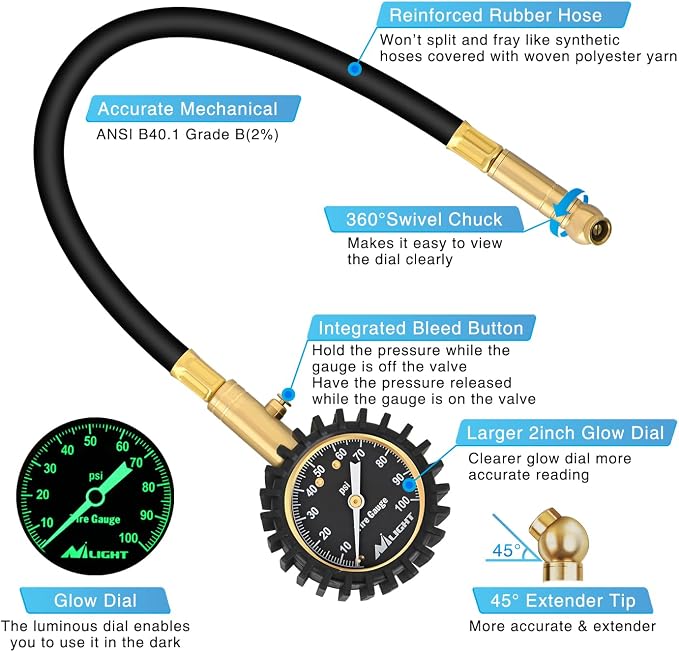 Tire Pressure Gauge 100PSI Heavy Duty Large 2" Glow Dial ANSI B40.1 Certified Air Chucks Accurate Reading with Extended Hose for Truck Semi Truck ATV Motorhome Cars & RV Accessories