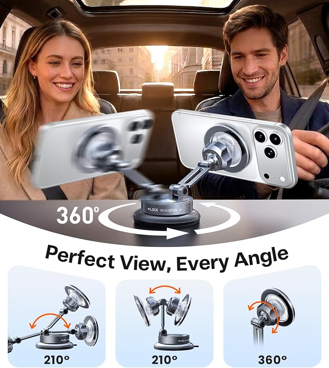 2026 Upgraded Vacuum Car Phone Holder for MagSafe Car Mount [98+ LBS Strongest Suction | 24 N58 Magnets] 360° Adjustable Magnetic Phone Holders for Your Car, for iPhone 17-12 Pro Max Plus Air