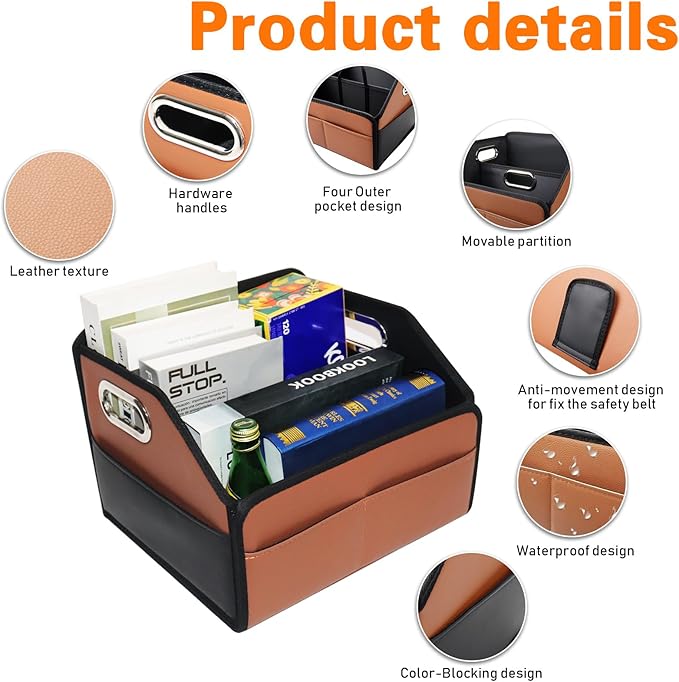 Car Organizer - 2025 Upgraded Leather Car Storage Organizer for Front Back Seat or Floor with 3 Metal Handles 6 Apartments, Multipurpose Car Organizers and Storage Brown.