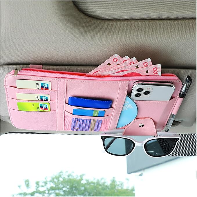 Car Sun Visor Organizer, Leather Personal Belonging Storage Pouch with Zipper, Car Visor Storage Pouch Sunglasses Holder, Auto Interior Accessories Pocket Organizers (Pink)