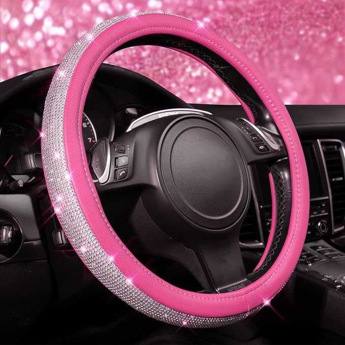 Diamond Pink Leather Steering Wheel Cover, with Bling Crystal Rhinestones Universal Fit 14" 1/2-15" Crystal Glitter for Women Sparkle Girl Fit Suvs,Vans,Sedans,Cars,Trucks, Pink Diamond