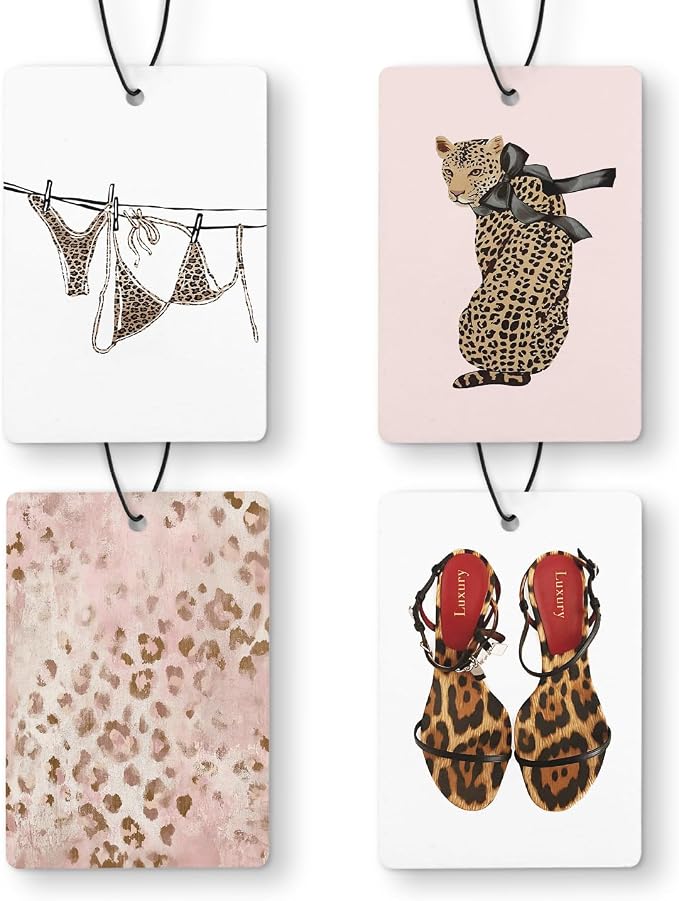 Trendy Pink Leopard Print Car Air Freshener 4 Pcs, Funky Retro Bikini Cheetah High Heels Hanging Air Freshener for Cars Closet Drawer Books, Cute Girly Car Accessories for Women