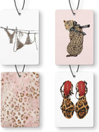 Trendy Pink Leopard Print Car Air Freshener 4 Pcs, Funky Retro Bikini Cheetah High Heels Hanging Air Freshener for Cars Closet Drawer Books, Cute Girly Car Accessories for Women