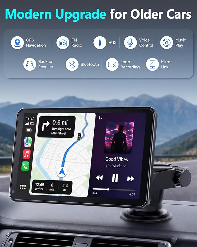 Wireless CarPlay Screen with Backup Camera: Auto Reconnect in Seconds - Maps, Music & Calls Ready for Daily Commute - 7" Touchscreen with 1080P Wired Rear Camera, Modern Upgrade for Older Cars