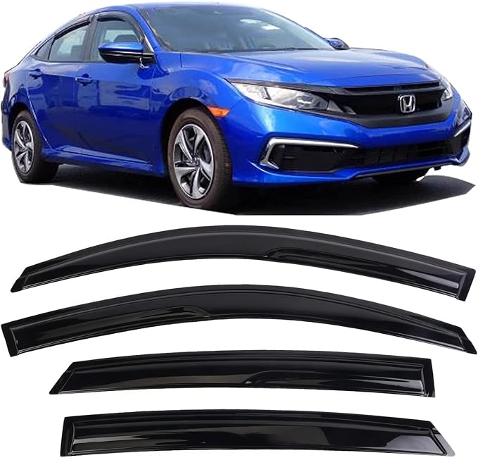 Tape on Side Window Visors rain Guards Vent Deflectors for Honda Civic Sedan 4-Door 2016-2021, Shade Smoke Tinted 4Pcs