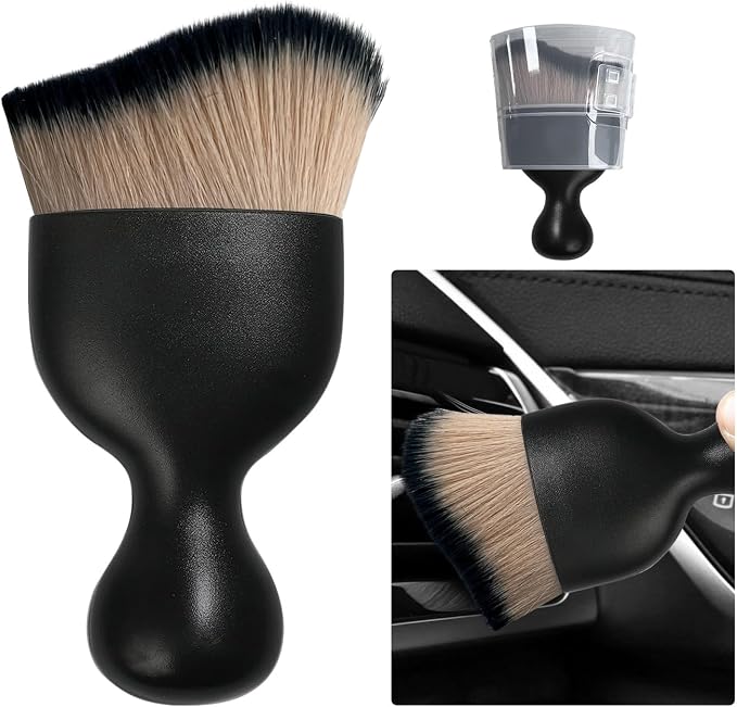 Car Detailing Brush, Curved Soft Bristles Auto Removal Dust Collectors, Universal Vehicle Dashboard, Air Conditioner Vents etc Interior Cleaning Tool Accessory (Brown/Black)