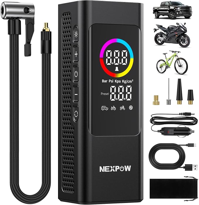 Tire Inflator Portable Air Compressor, 150 PSI Cordless Car Air Pump with Digital Gauge, Rechargeable 7800mAh Battery, LED Light, for Car Tires, Bike, Motorcycle, Ball, Inflatables