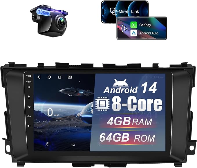 Upgraded 4+64G Car Radio Stereo for Nissan Altima 2013-2018 8 Core with Wireless CarPlay/Android Auto, 9 Inch HD Touchscreen Android 14 Car Stereo with AM/FM/RDS Backup Camera Bluetooth WiFi GPS SWC