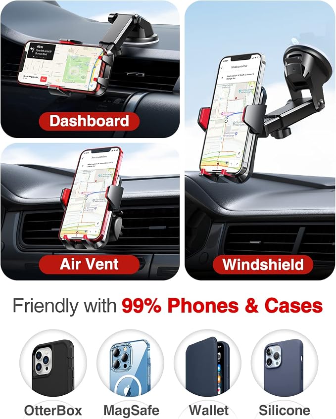 【85+LBS Strongest Suction & Military-Grade Ultimate Car Phone Mount【Patent & Safety Certs】 Cell Phone Holder for Dash Windshield Vent for iPhone 17 Pro Max Automobile Accessory Kits,Red