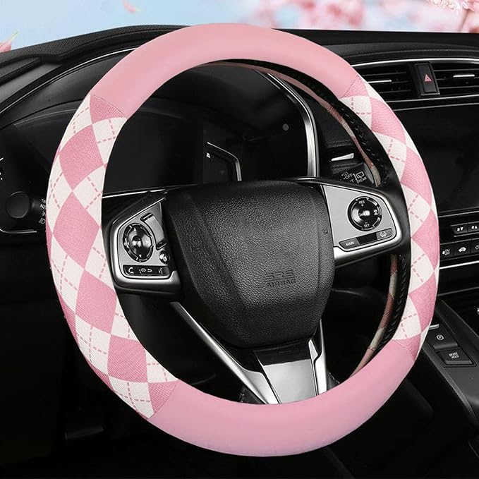 Lattice Car Steering Wheel Cover Microfiber Leather Non-Slip Comfort Universal 15 inch Checkered Plaid Wheel Protector for Truck, SUV, Cars (Pure Pink)