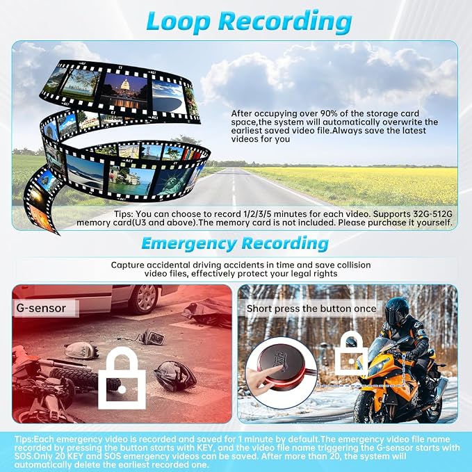 VSYSTO Dual 2K Motorcycle Dash Camera, 5G WiFi High Speed Video Download, Parking Monitoring, Starlight Night Vision Front and Rear Cameras, GPS, LED Light Wired Controller