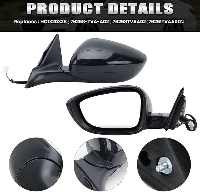 Left Driver Side Mirror Compatible with 2018-2025 Honda Accord LX Sport 1.5T Power Glass | Non-Heated | Paint to Match Repalces HO1320328 76258-TVA-A02 (3Pins-Black)
