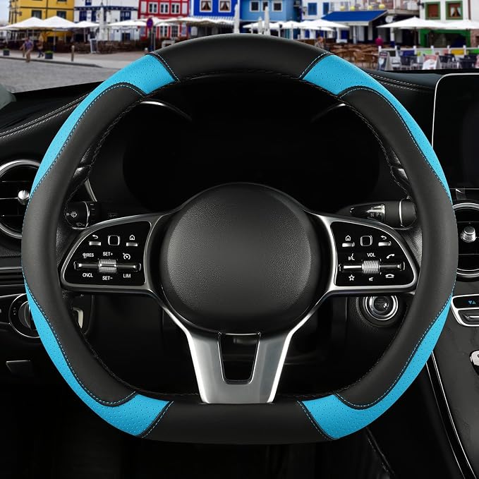 Black Blue Microfiber Leather D Shaped Steering Wheel Cover | Breathable Anti Slip Grip Cool Sporty Look Glow for Women Men