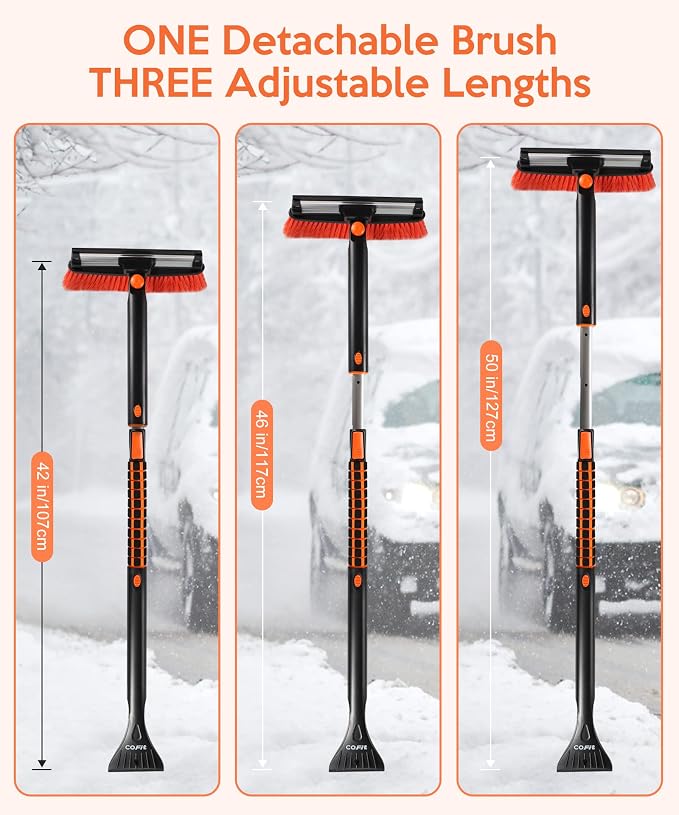 Car Snow Brush with Ice Scraper and Squeegee 3 in 1, 50" Extendable Cleaning Kit Long Handle, Windshield Snow Removal Tool Scratch Free, SUV Truck RV Window Roof Exterior Wash Supplies, Orange