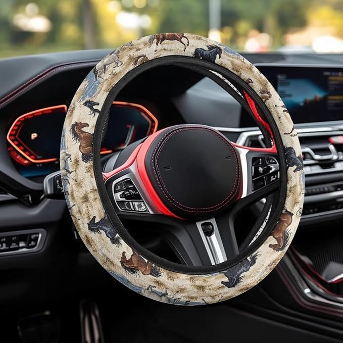 Car Steering Wheel Covers White Sweat Absorption Comfort Grip, Horse Painting Universal 14-15 inch Stretch-on Fabric Keep Warm Steering Wheel Protector for Women