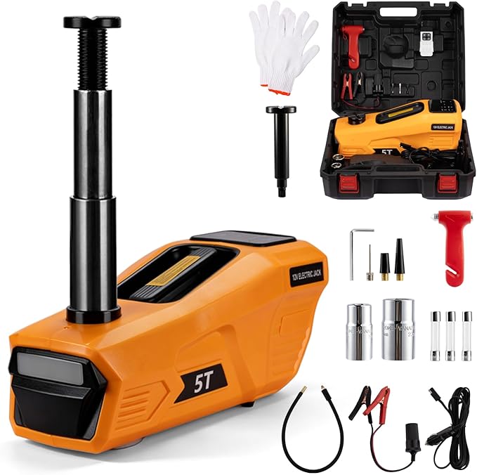 Electric Car Jack Kit 5 Ton 12V Cordless Hydraulic Floor Jack with Remote Control & Tire Inflator – Portable Emergency Lifting Kit for SUV, Sedan, Truck, Lifting Height 4.7-18 Inch
