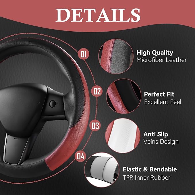 Faux Leather Steering Wheel Cover and Waterproof Car Floor Mats, Universal Car Combo Fit for 95% Sedan,SUV,Cars, 14.5-15inch Sporty Anti-Slip Safety Comfortable Design Burgundy