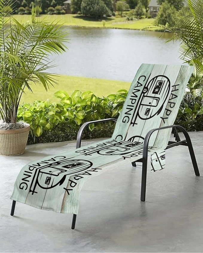 Camping Car Beach Chair Cover, Outdoor Chaise Lounge Cover for Patio Pool Sunbathing, Farmhouse Cabin Retro Green Wooden Grain Beach Chair Towel Microfiber Lounge Chair Towel Covers with Side Pockets