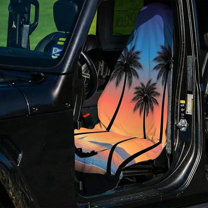 2 Pack Car Seat Towel Covers, Sweat-Proof Microfiber Seat Protectors for Gym, Running, Beach & Workout, Breathable Quick-Dry, Machine Washable, Sunset Palm Beach Print, Universal Fit