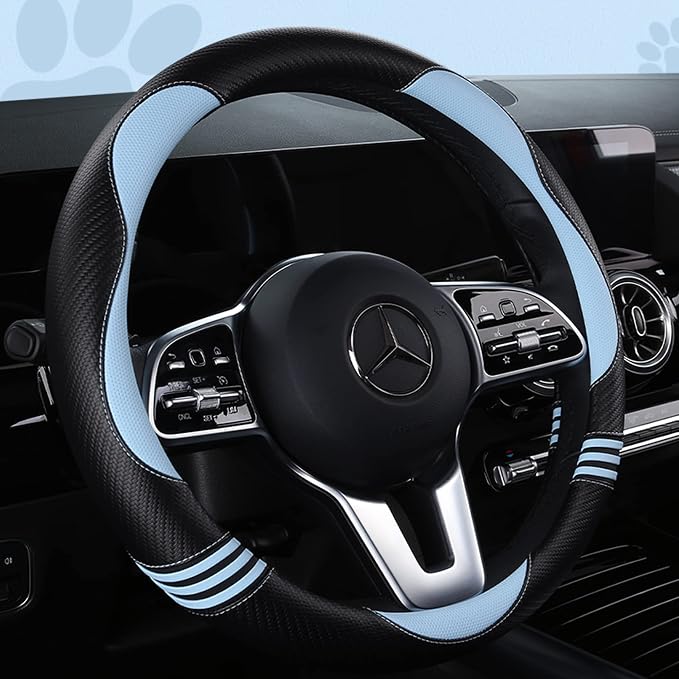 Car Steering Wheel Covers for Women Padded Carbon Fiber PU Leather Cute Auto Interior Accessories for Vehicle, Sedan, Universal, Anti Slip, Blue, Standard Size, 14.75-15.15in