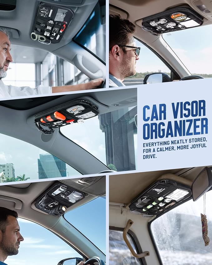 Molle Car Sun Visor Organizer, Fit Most Car Truck Patrols Van SUV | Auto Accessories Semi-Rigid MOLLE Panel, with Zipper Storage Pouch, Glasses Holder, for Gears Road Trip Daily Driving