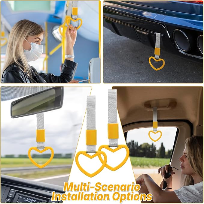 2 Pcs Heart Shaped Car Handle Strap – JD M Drift Charm Rear Bumper Warning Ring Decor for Car Interior Exterior, Subway Bus Handle Accessory, Cute Heart Car Decor Gift for Drivers (Yellow-Silver)