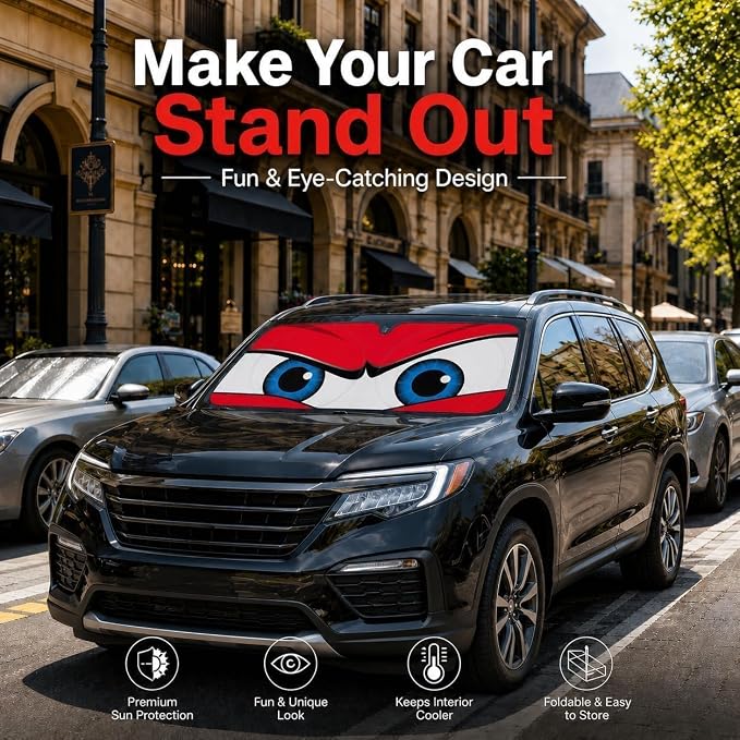 Car Windshield Sun Shade, Universal Fit Full-Size SUV Pickup MVP, Angry Red | 63 x 33.86" Large Windshield Cover, Foldable Front Window Sunshade, UV Heat Protection, Cute Eyes Series