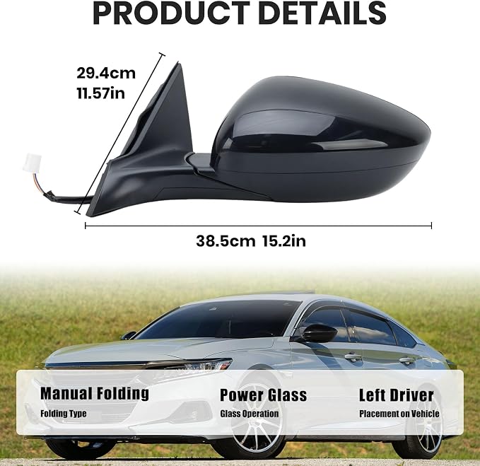 Left Driver Side Mirror Compatible with 2018-2025 Honda Accord LX Sport 1.5T Power Glass | Non-Heated | Paint to Match Repalces HO1320328 76258-TVA-A02 (3Pins-Black)