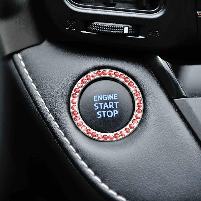 Car Bling Crystal Rhinestone Engine Start Ring Stickers, 1 Single Drainage Drill and 1 Double Drainage Drill Car Start Button Cover, Key Ignition Knob Bling Ring Decals, Bling Car Accessories(Set Red)