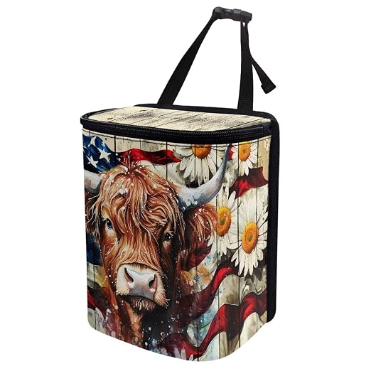 Highland Cattle Daisy Print Car Trash Can with Lid, American Flag Wood Leak Proof Auto Trash Bag Hanging Vehicle Garbage Can Multipurpose Storage Container for Back Seat Road Trip