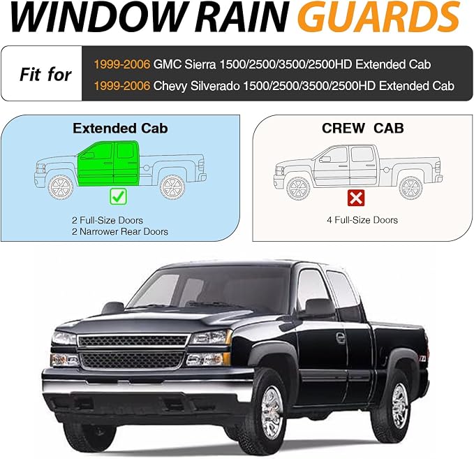 Window Visors for Chevy Silverado/GMC Sierra 1500/2500/3500/2500HD Extended Cab 1999-2006, Out-Channel Window Wind Deflectors Rain Guards -4PCS