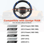 Customized Auto Car Steering Wheel Cover for Dodge RAM 1500 2500 3500, 15.5-16 inch (Black+Blue-Large Size)