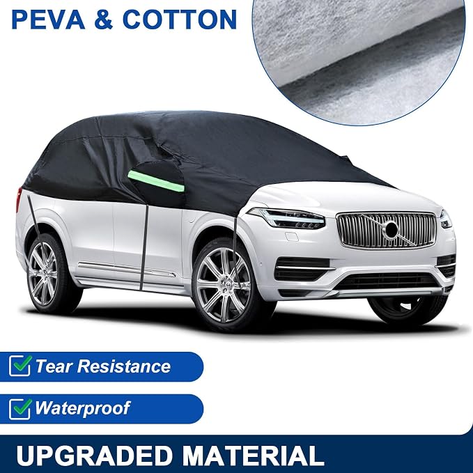 Universal SUV Half Car Cover Waterproof All Weather, Hail Protector Car Body Covers Outdoor Indoor for All Season Windproof Dustproof UV Resistant Snowproof Protect Your Windshield and Roof