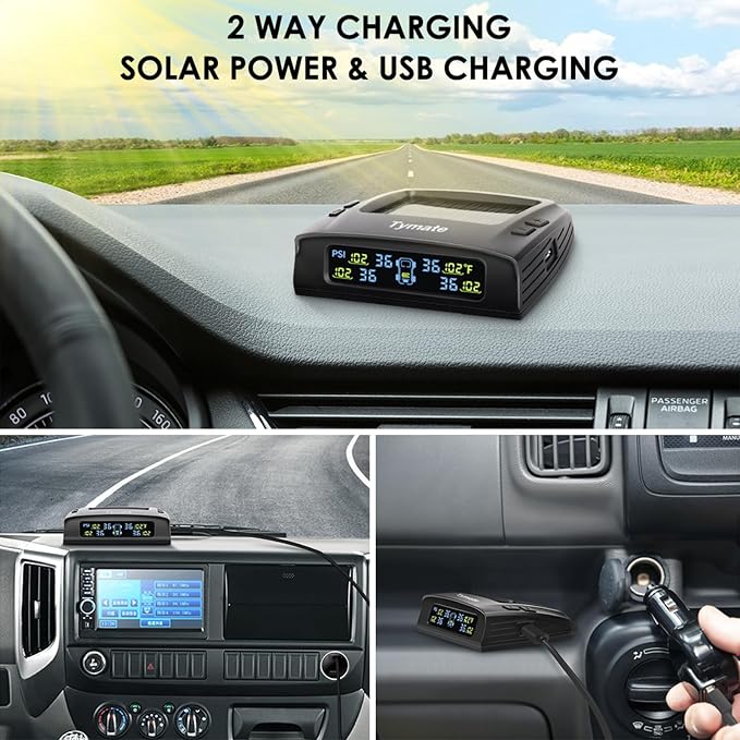 TM2 RV Tire Pressure Monitoring System, Tire Pressure Monitor with Solar Charge, TPMS with 4 Sensors(Max. 10) & 6 Alarm Modes, Color LCD Display, 0-144PSI for RV/Trailer/Truck/SUV/Fifth Wheel