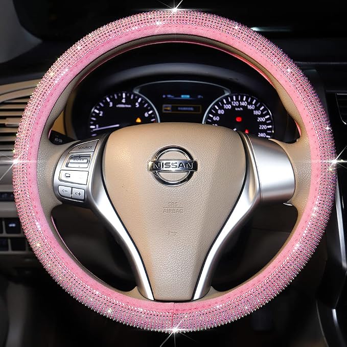 Pink Bling Steering Wheel Cover for Women Sparkly Rhinestone Bedazzled Car Accessories Diamond Cute 15.5-16 inch for Large Size Steering Wheel