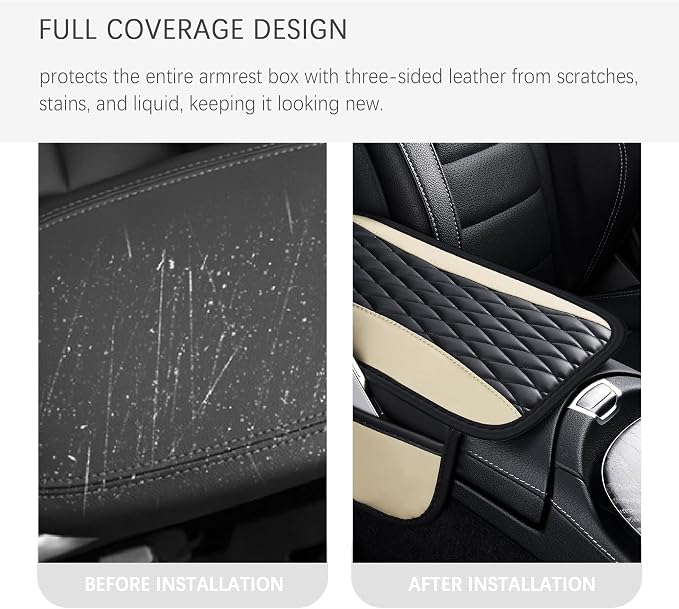 Patchwork Leather Center Console Covers for Cars,Upgraded Arm Rest Cover for Car with Side Storage Pocket for Car Seat Organizer,Middle Console Cover Stylish Car Decoration (Light Beige)