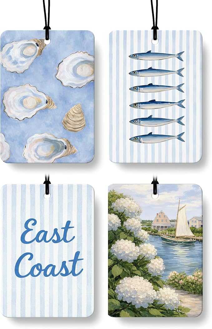 Blue Beach Car Air Freshener 4 Pcs Coconut Scented, Coastal Seafish Hydrangea Floral Car Accessories Mirror Decor for Women, Girly Beachy Hanging Air Freshener for Cars Closet Drawer Books