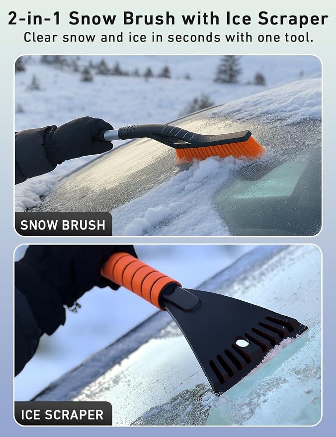 27" Aluminum Snow Brush 4 Pack with Ice Scrapers for Car Windshield and Window | Car Snow Scraper and Brush with Ergonomic Foam Grip Winter Accessories (Orange, Pink, Green, Blue)
