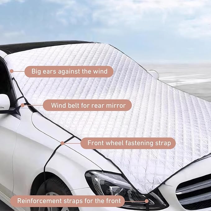 Car Hood Cover, Multi-Layer Thickening Waterproof Coat for Front Windshield Hood, All Seasons Foldable Shield with Fixed Strap, Universal Half Car Snow Cover (Silver)
