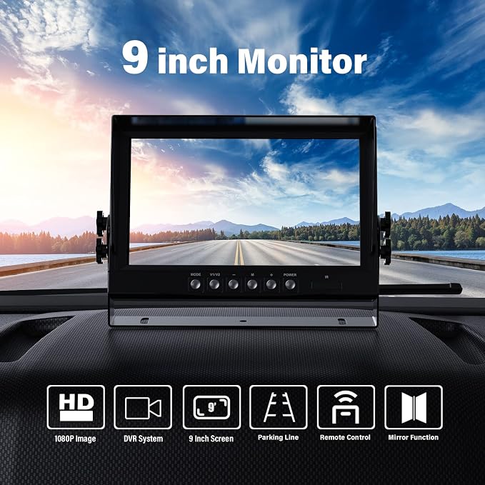 1080P Wired Backup Camera System Kit,9" HD DVR Monitor with IP69 Waterproof Reverse/Side View Camera for RV Truck/Semi Box Truck/Trailer A9