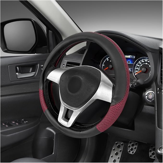 Sun Walker Steering Wheel Cover, 15 inch Breathable Steering Wheel Protector with Anti-Slip Lining, Comfortable Wheel Wrap Cover for Most Vehicles, Universal Car Accessories (Red)