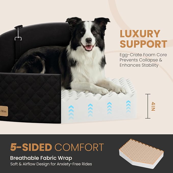 Dog Car Seat for Medium/Large Dogs, Memory Foam Dog Booster Seat with Thick Cushion up to 55 lbs or 2 Small Dogs, Travel Pet Car Seat with Detachable Washable Cover, 2 Safety Leashes (Black/Black)