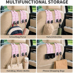 Cute Pink Bow Car Seat Back Storage Headrest Hooks for Purses & Bags – 2PCS PU Leather Dual Metal Hooks, Backseat Organizer Accessories