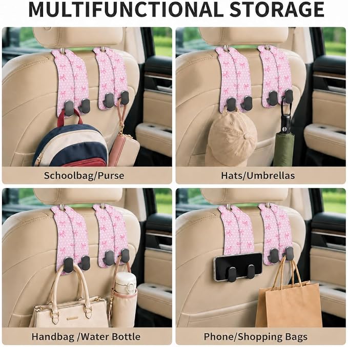 Cute Pink Bow Car Seat Back Storage Headrest Hooks for Purses & Bags – 2PCS PU Leather Dual Metal Hooks, Backseat Organizer Accessories