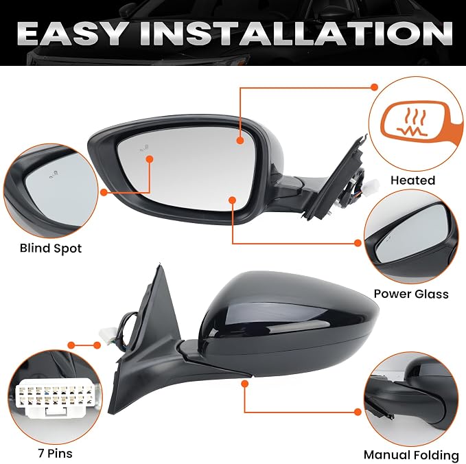 Left Driver Side Mirror Compatible with 2018-2022 Honda Accord LX Sport Power Glass | Heated | with Blind Spot | Manual Folding Repalces HO1320329 (7Pins-Black)