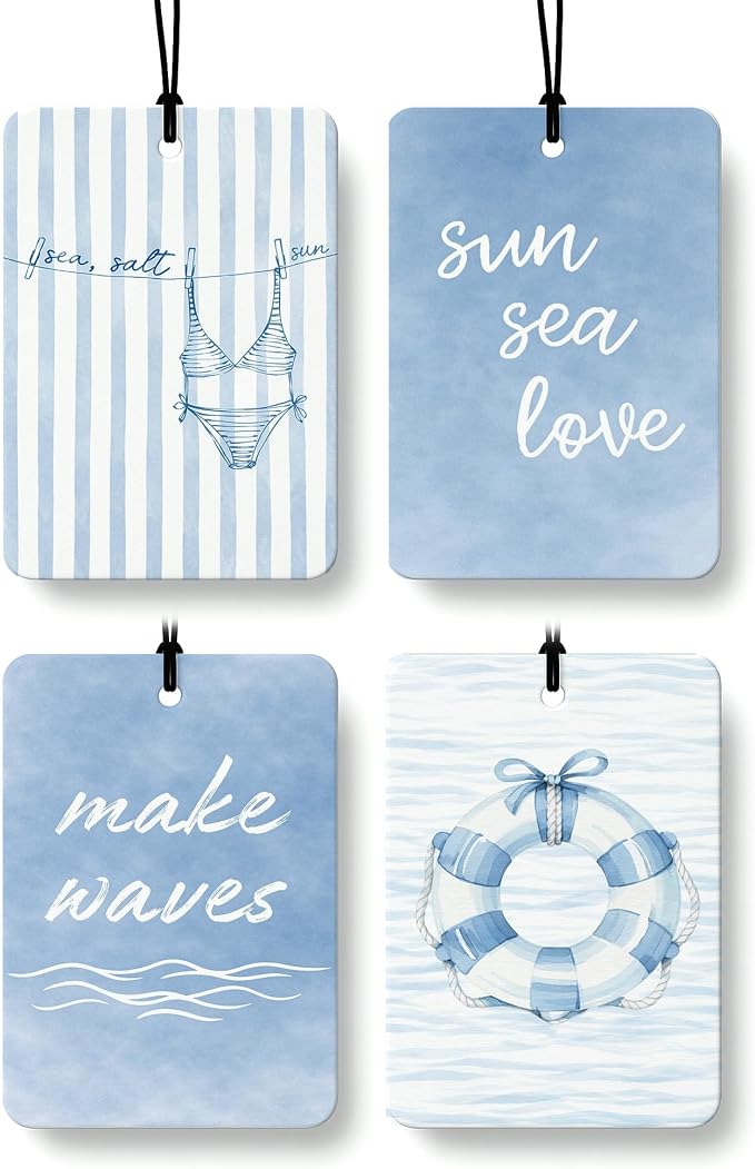 Blue Coastal Car Air Freshener 4 Pcs Coconut Scented, Preppy Blue Lifebuoy Wave Beachy Car Accessories Mirror Decor for Women, Cute Girly Hanging Air Freshener for Cars Closet Drawer Books