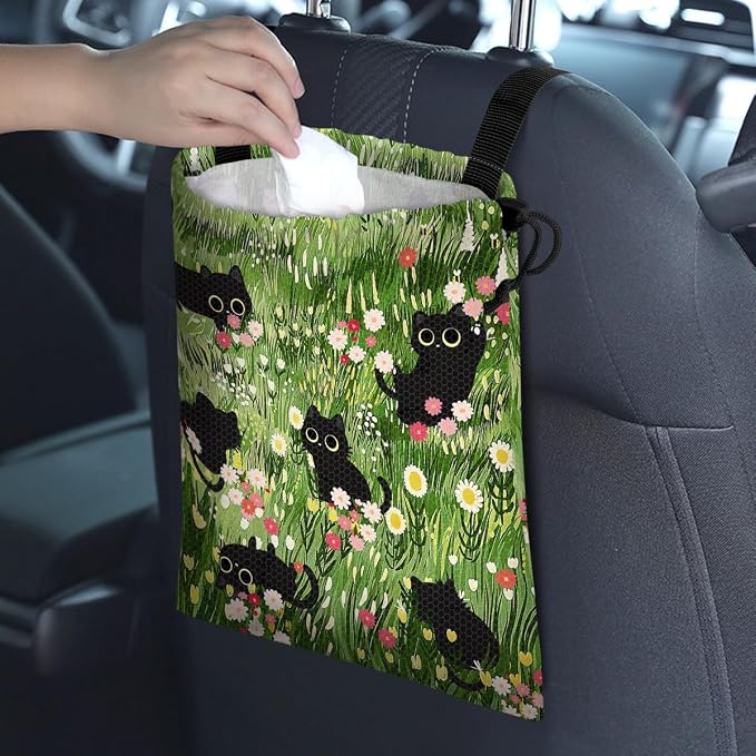 Car Trash Bag Hanging Back of Seat Waterproof Small Cute Printed One-Handed Strap Drawstring Garbage Bags for Car-Black Cat Floral