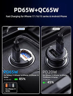65W USB C Car Charger Fast Charging，12V USB Outlet Accesorios para Carro，Cigarette Lighter USB Charger，Car Phone Charger for iPhone/17/16/15/14/13 Samsung S25 S24 S23Google Android