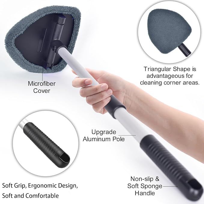 Windshield Cleaning Tool, Car Window Cleaner Windshield Cleaner with 4 Reusable and Washable Microfiber Pads and Extendable Handle Auto Inside Glass Wiper