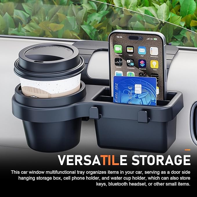 Car Cup Holder, Car Window Multifunctional Organizer, Vehicle Door Side Hanging Rack, Cell Phone Storage Box, Plug & Play Vehicle Storage with Sponge Pads, for Most Cars (Black #B)